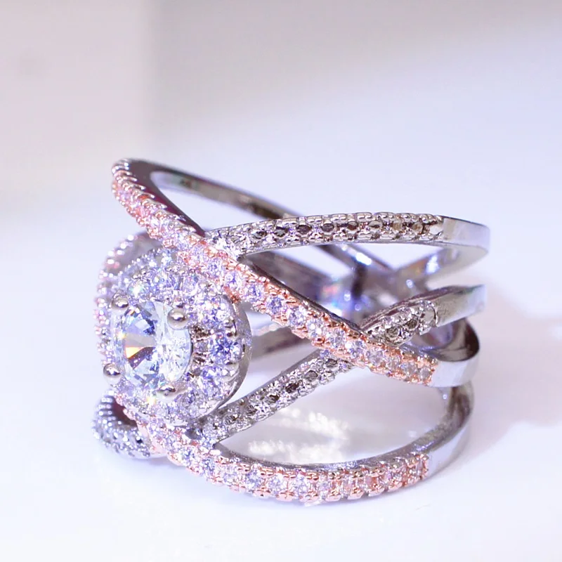 

OMHXZJ Wholesale European Fashion Woman Man Party Wedding Gift Luxury Round White Zircon 18KT White Gold Rose Gold Ring RR453