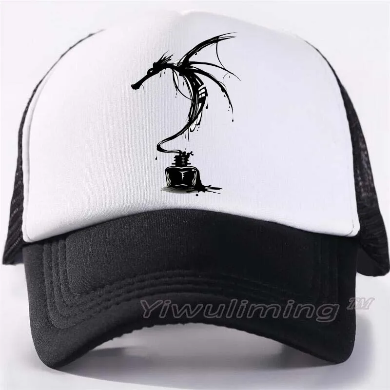 

New Summer Trucker Caps ink dragon Cool Summer Black Adult Cool Baseball Mesh Net Trucker Caps Hat for Men Adjustable