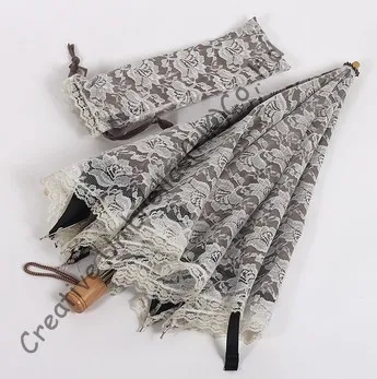 Beige Double Embroidery lace fabric 100%sunscreen UPF&gt50+ parasol 8k ribs manual windproof pricess cherry wooden handle | Дом и сад
