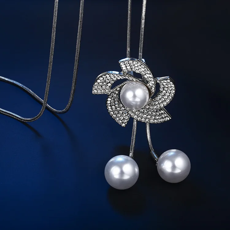 Elegant Simulated-Pearl Long Necklace Women Bijoux Fashion Jewelry Crystal Flower Sweater Necklaces &amp Pendants | Украшения и
