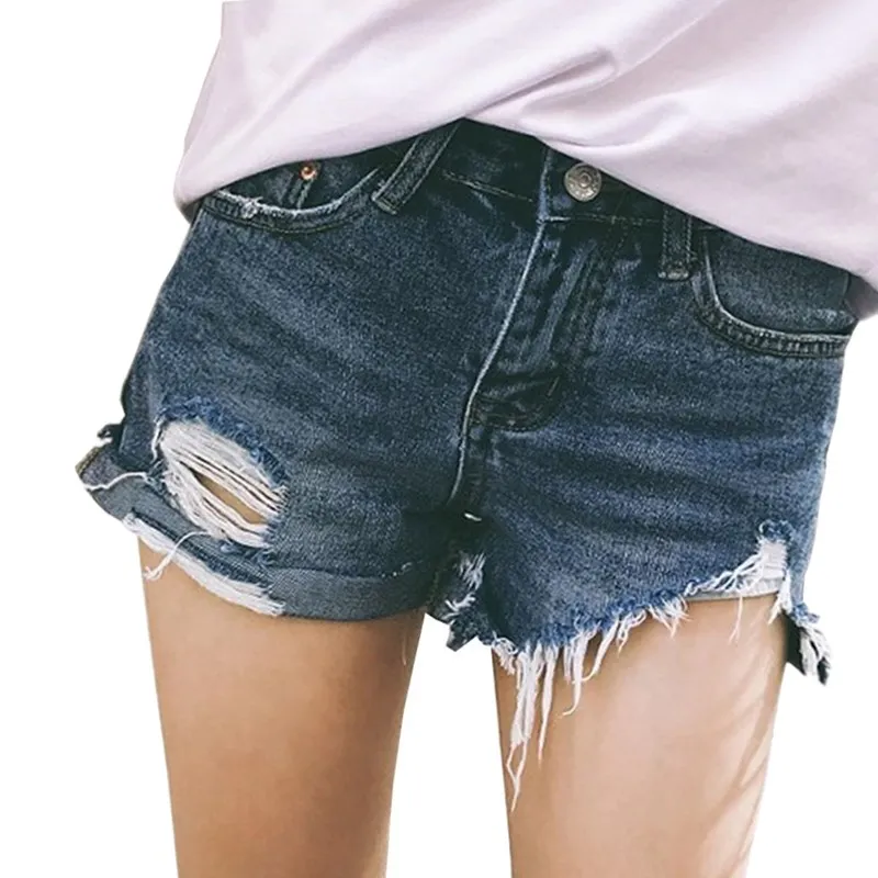 

YGYEEG Summer Female Blue High Waist Denim Shorts Women Pocket Zipper Hole Tassel Jeans Blue Cotton Button Fly Shorts Bottom