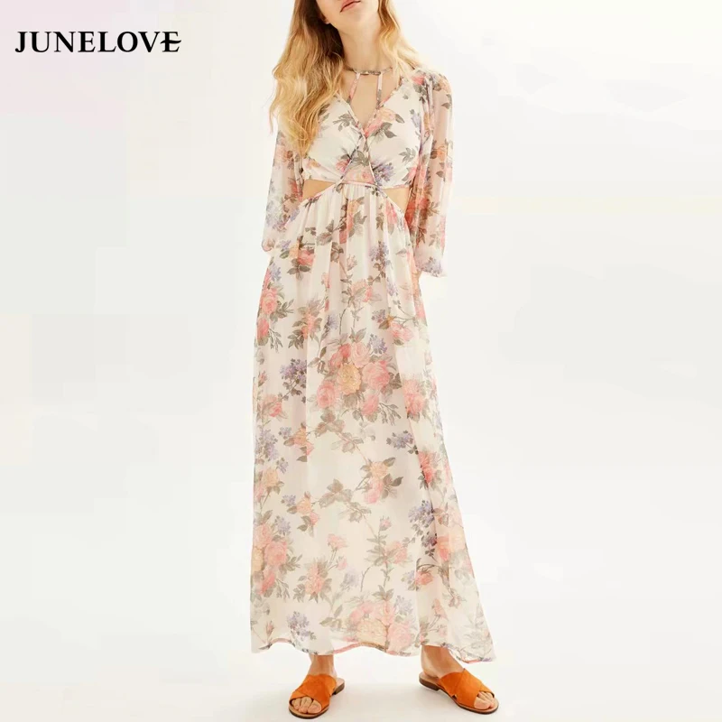 Женское платье с принтом JuneLove повседневное длинное цветочным на талии 2019|print
