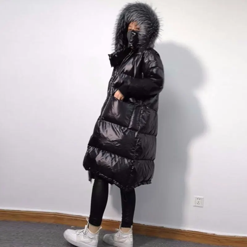 Artificial fur Зимний пуховик для женщин, парка с капюшоном, длинное пальто, настоящий Енот, большой меховой воротник, глянцевая Свободная верхняя одежда, теплый пуховик T383 - Цвет: Artificial fur