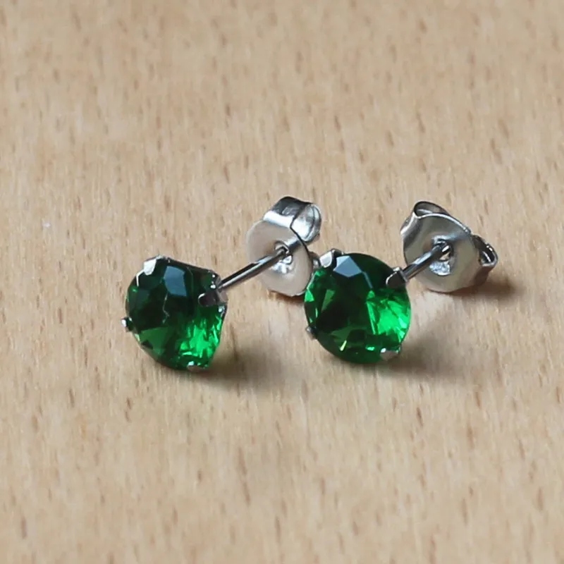 

316 L Stainless Steel Stud Earrings No Fade Allergy Free With 6mm Green Zircon Classical Jewelry For Men And Women