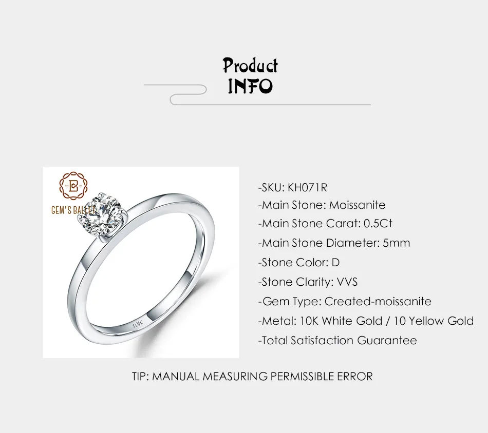 GEM'S балетные костюмы 10 к белое золото кольцо обещания D Цвет VVS 5 мм 0.5Ct Муассанит солитер обручальное кольцо для женщин ювелирные украшения