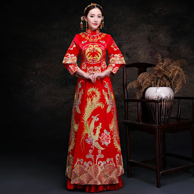 Vestido de Noiva Vestidos de Estilo Vermelho Chinês Tradicional Mulheres Phoenix Bordados Modern Cheongsam Longo Qipao Oriental
