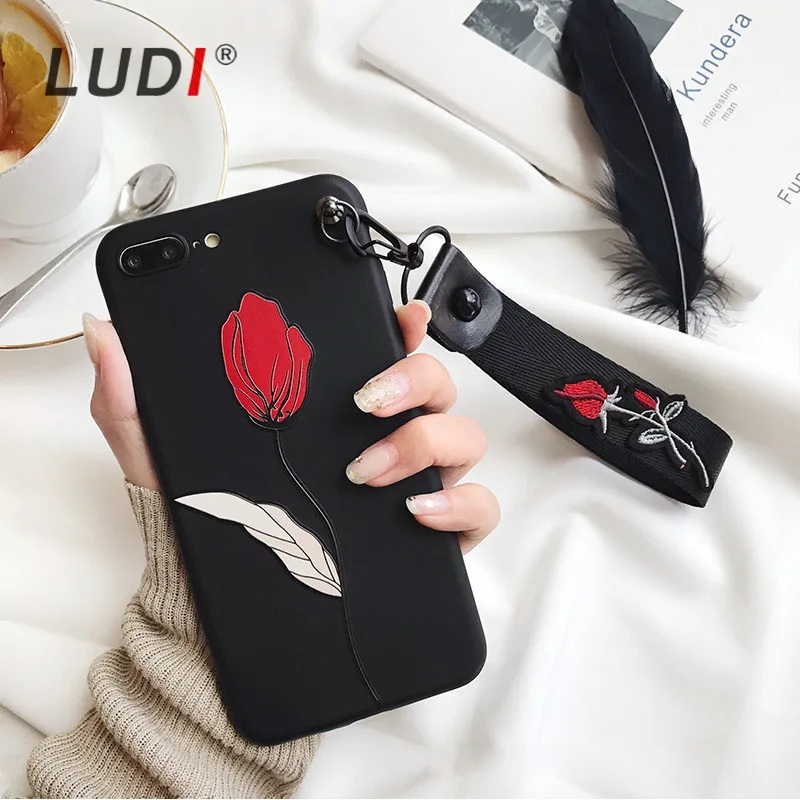 LUDI 3D Floral Red Rose Phone Case for iPhone X/8/7/7plus Soft Black Hipster Embroisery Wrist Strap Cover 6/6s/XS/MAX/XR XS |