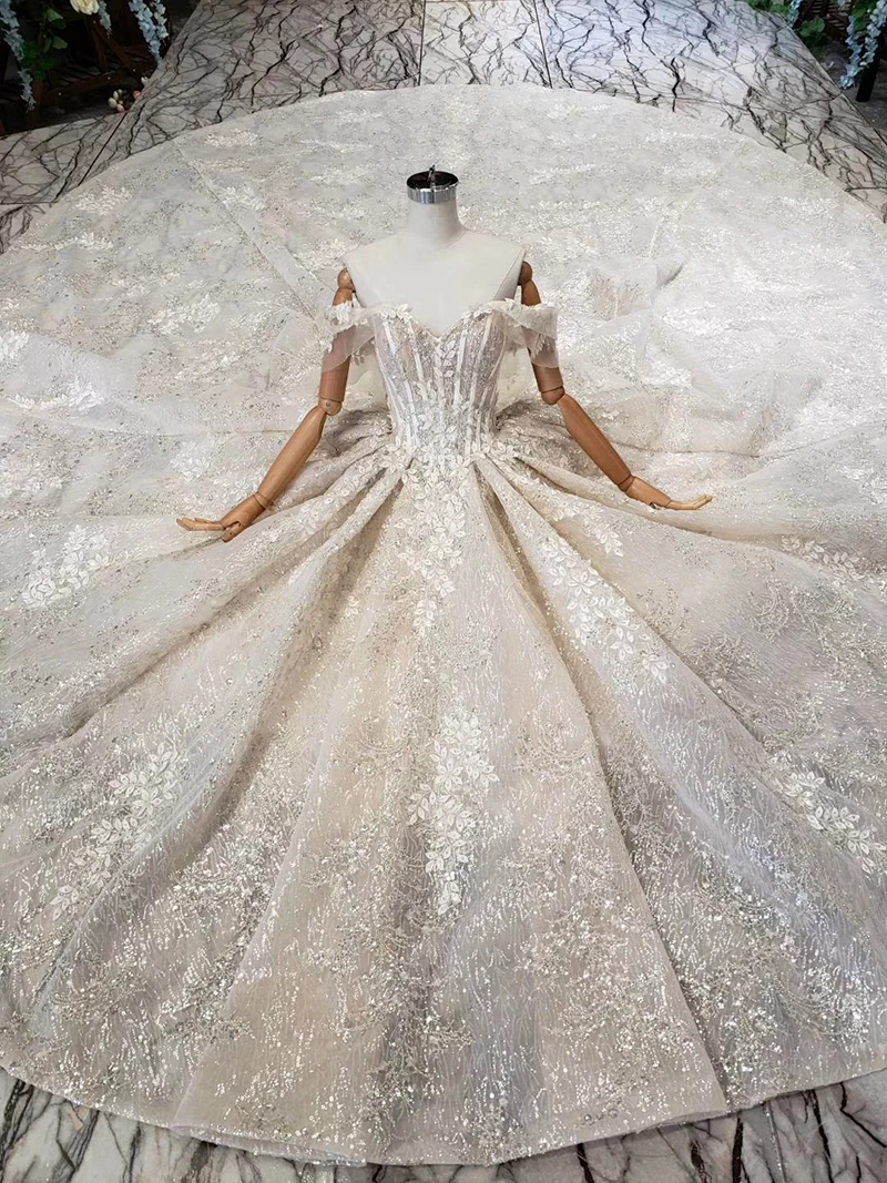 HTL510 off shoulder wedding dress shiny sweetheart appliques bridal gowns with train vestido de noiva princesa com brilho