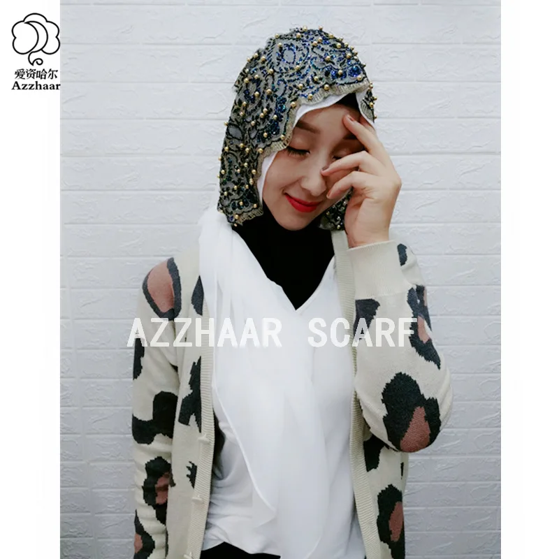 Женский хиджаб однотонный со стразами и жемчугом блестящий из шифона шелка