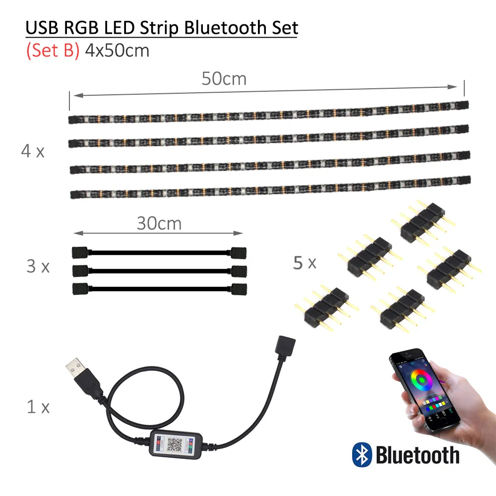 Set B - 4 X 50CM Светодиодная лента USB Bluetooth 5 В Тира светодиодный RGB ленты SMD 5050 гибкая лента Ambilight ТВ свет Подсветка для телевизора компьютера смещения освещение RGB лента для компьютера - Испускаемый цвет: Set B - 4 X 50CM
