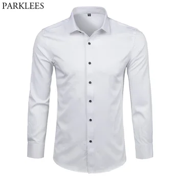 Men's Bamboo Fiber Dress Shirts Slim Fit Long Sleeve Shirt 2023 New Casual Button Down Elastic Formal Shirts for Business Man 1