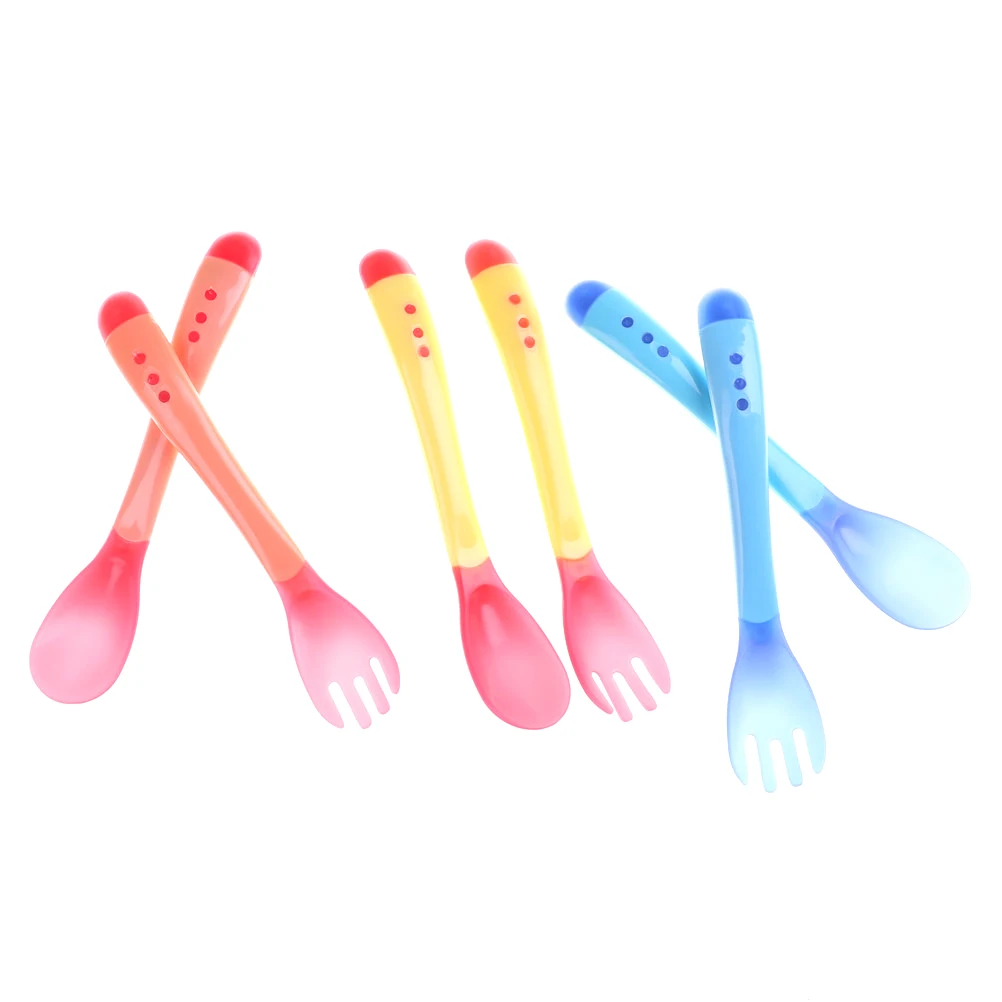 

Baby Learning Dishes Kids Silicone Temperature Sensing Spoon and Fork Feeding Flatware