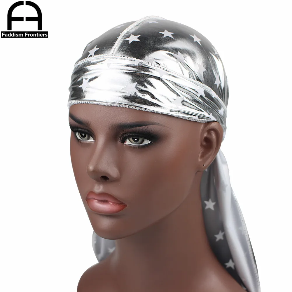 Unisex Men Women Reflective Silk Durag Stars Soft Silky Durags Turban Hat Bandana Headwear Long Straps Waves Cap Do Du Rag |