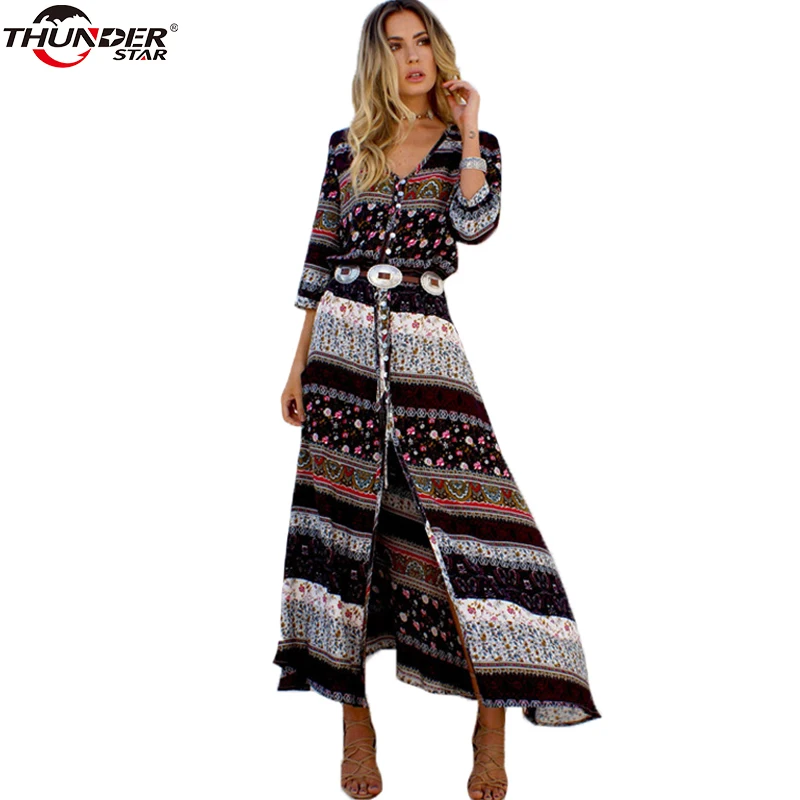 Для женщин Пляж Boho платье Макси Лето 2018 г. Высокое качество бренд v образный вырез