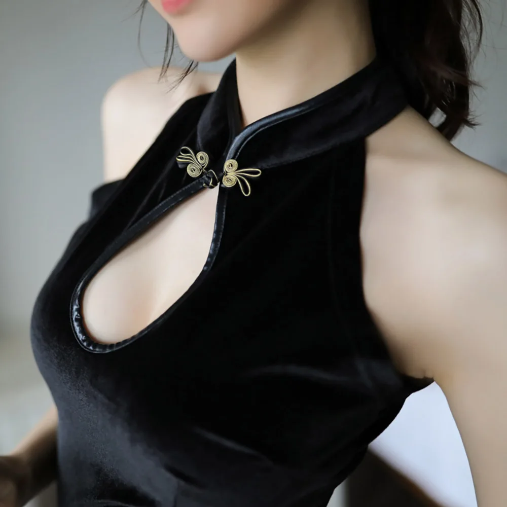 Для женщин сексуальное женское белье черный бархат Cheongsam платье мини с вышитым