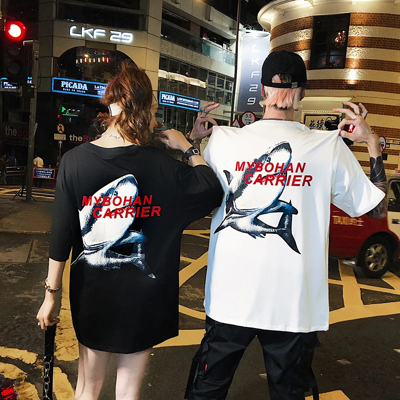2019 летняя новая футболка с короткими рукавами принтом акулы Harajuku Hip-Hop Street Высокое
