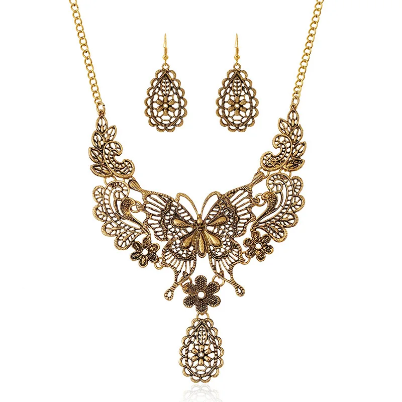 Vintage Antique Gold Butterfly Pendant Necklace Earring Jewelry Sets For Women Statement Choker Duftgold | Украшения и аксессуары
