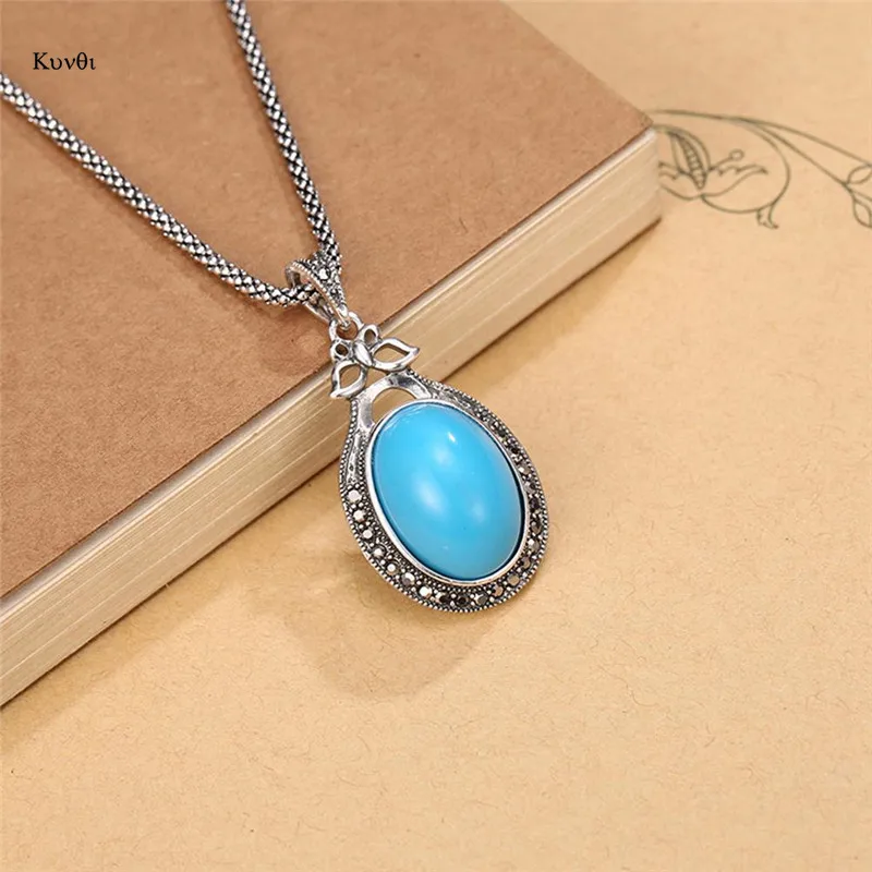 Vintage Sliver Plated Women Jewelry Sets Blue Natural Stone Drop Earring Pendent Necklace Retro Gift For Female | Украшения и