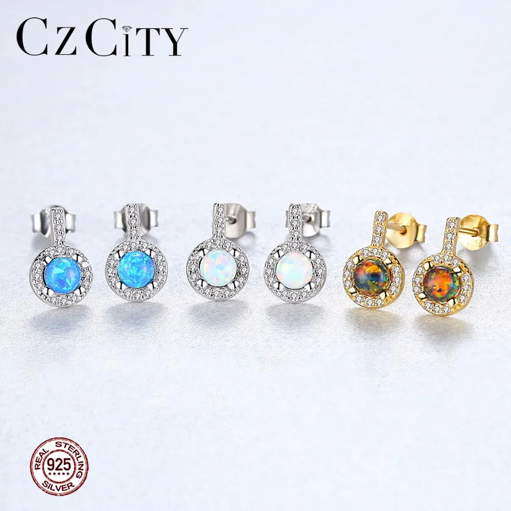 CZCITY 925 Стерлинговое Серебро Круглый огненный опал серьги со шпилькой для женщин