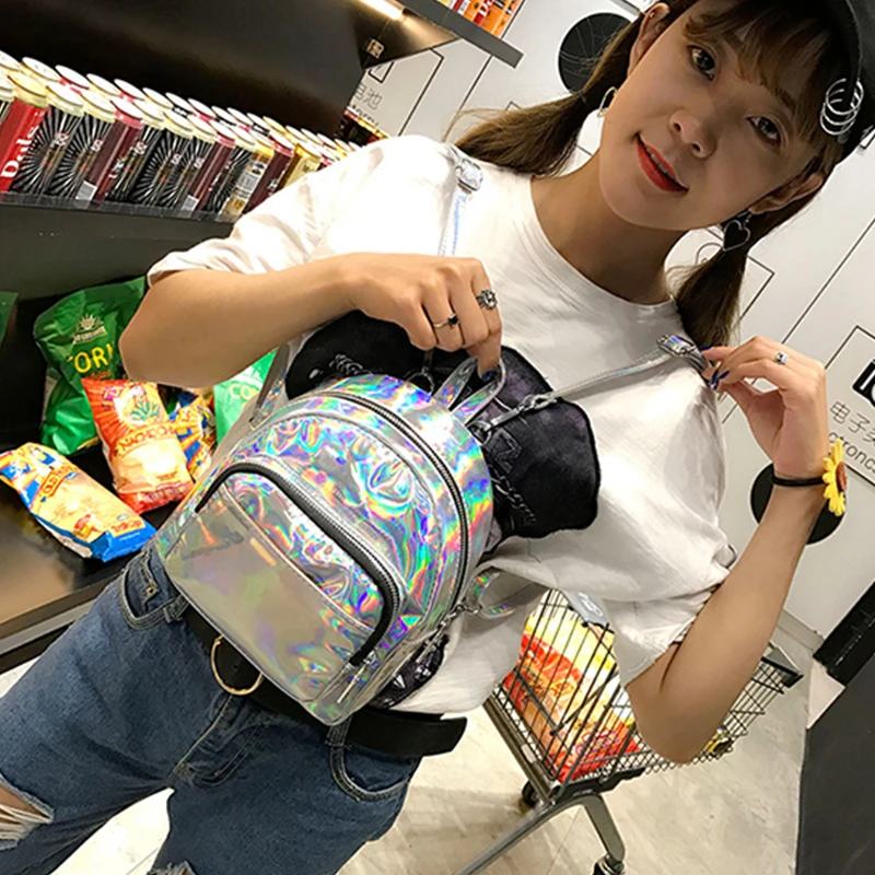 Новинка 2019 женский рюкзак школьная сумка Радужный Многоцветный металлический