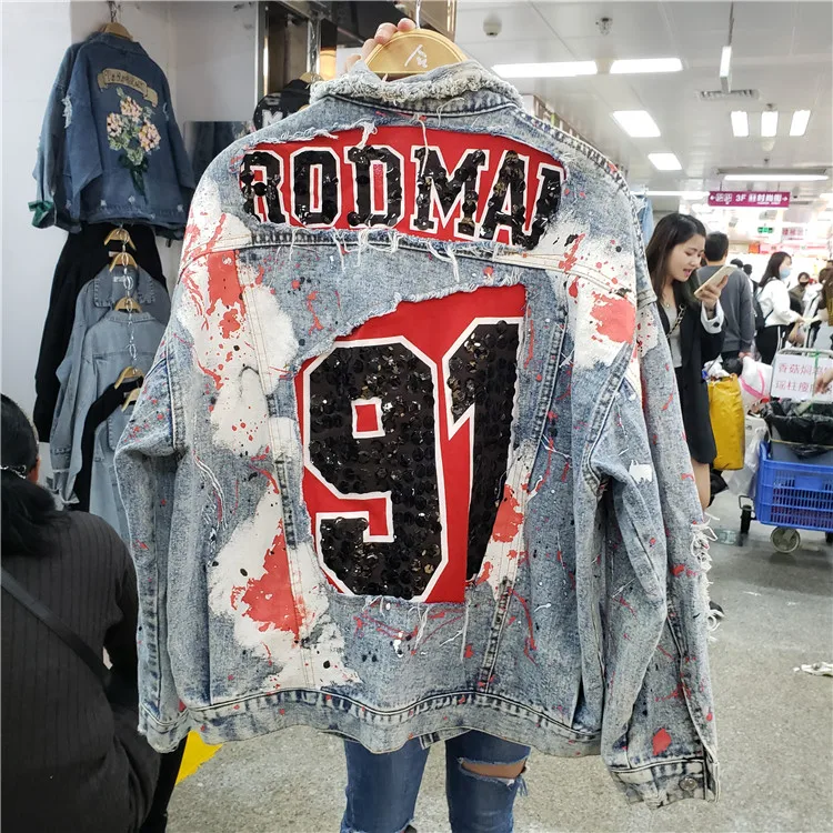 Женская джинсовая куртка Harajuku с принтом граффити свободная блестками