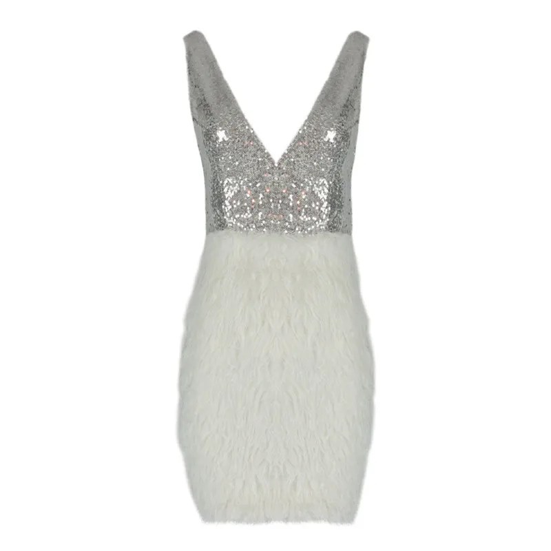 Женское облегающее мини платье с блестками V образным вырезом и открытой