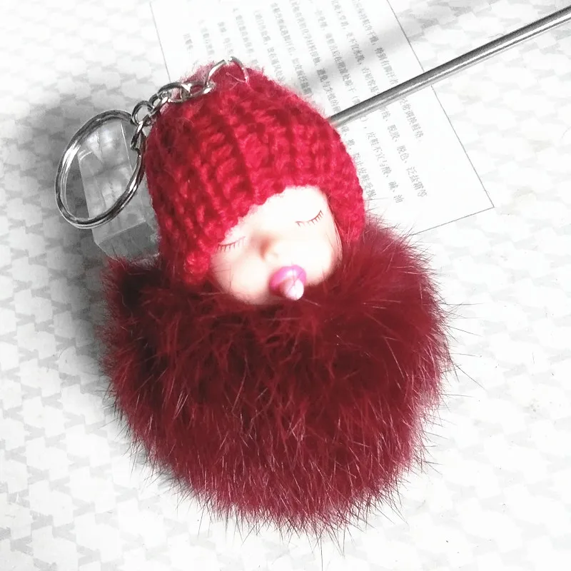 Спящего ребенка милый брелок для ключей мультфильм соску Baby брелок с натуральным кроличьим мехом мяч брелок с помпоном ручной ремесел вечерние подарки - Цвет: Wine Red