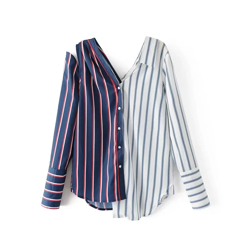 Полосатый асимметричный Топ без бретелек с открытыми плечами женские блузки 2017