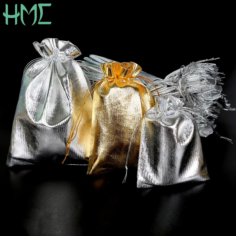 Хит продаж! 50 шт./лот 7x 9/9x1 2/10x1 5/13х18 см Золотой/Серебряный цвет тянущийся мешочек