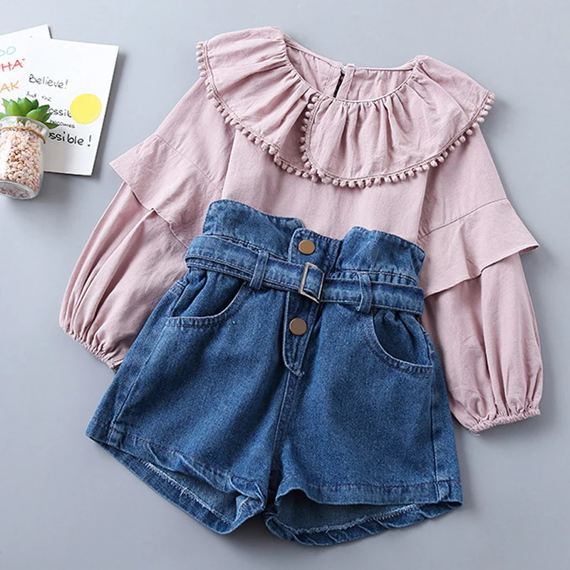 Комплект одежды для девочек Sodawn плиссированная Однотонная рубашка и джинсы