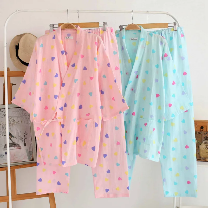 Японские пижамные комплекты простое кимоно хлопок Yukata милая свободная ночная