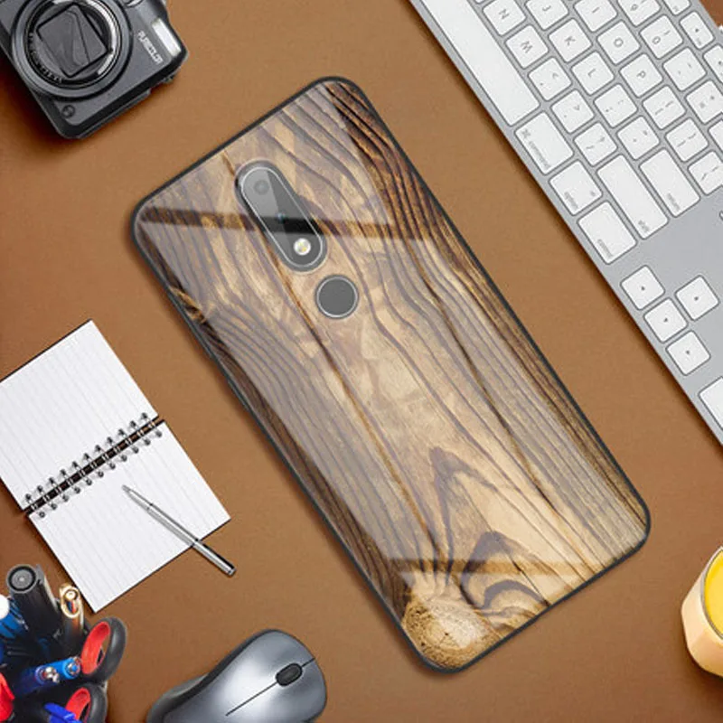 Чехол для телефона из закаленного стекла с узором древесины Nokia X6 x6 чехол черным