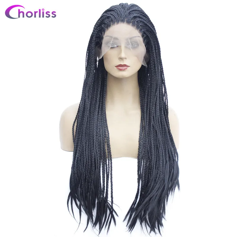 Natural Black Long Braided Box Braids Wig Ombre Synthetic Lace Front Wig For Women Chorliss Hand Made Black Cosplay Wig Heat Resistant Wigs - Цвет: Natural Black