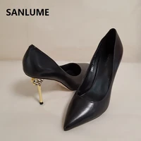 sanlume top quality women 100 genuine leather high heels sexy black metal thin heels shoes party pumps inside sheepskin shoes