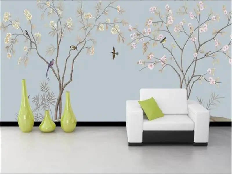 3d фото обои на заказ комната Фреска маленькие свежие цветы птицы украшение
