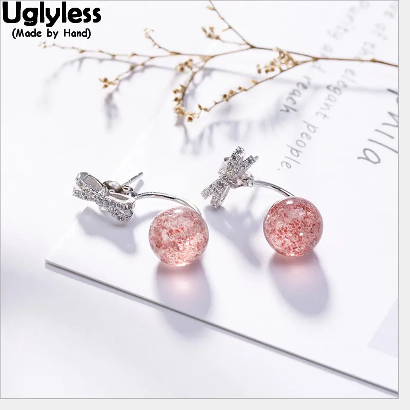 Uglyless Natural Strawberry Quartz Ball Stud Earrings Women Handmade Solid 925 Silver Bow Studs Detachable Dual Use Fine Jewelry | Украшения
