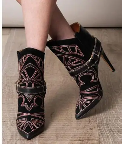 

2019 New Suede Ankle Boots For Women Autumn Winter Fashion Pointed Toe Thigh High heels Shoes Woman Chelsea Embroidery Boots