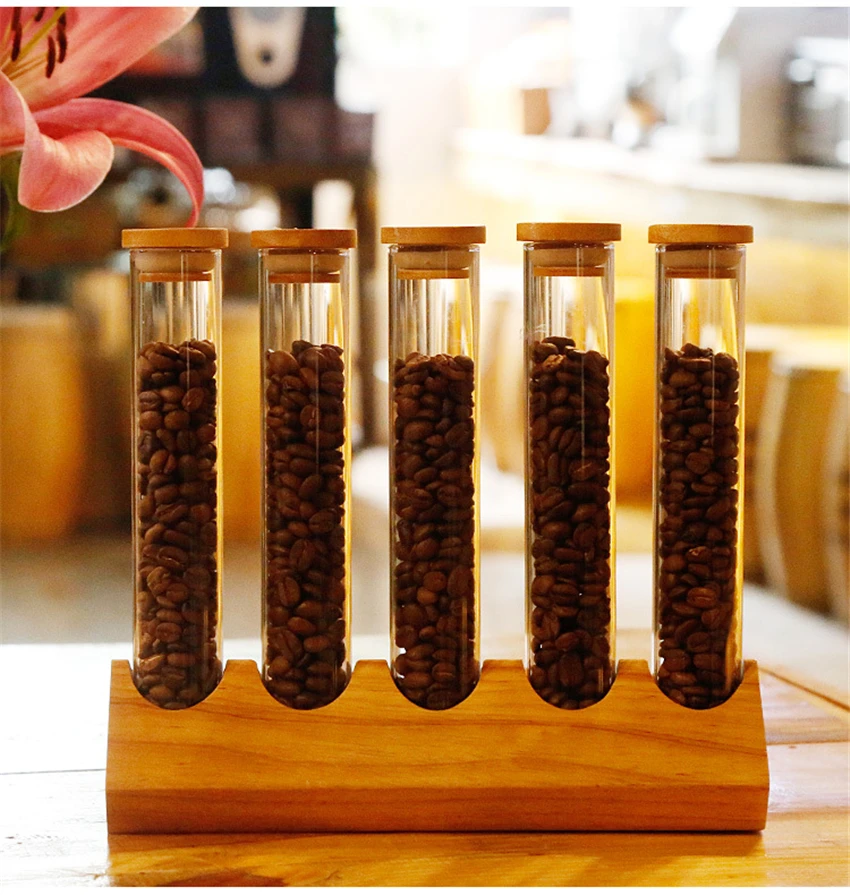 Creative Wooden Coffee Beans Flower Tea Display Rack Stand Cereals canister Glass Test Tube sealed Storage Decorative Ornaments
