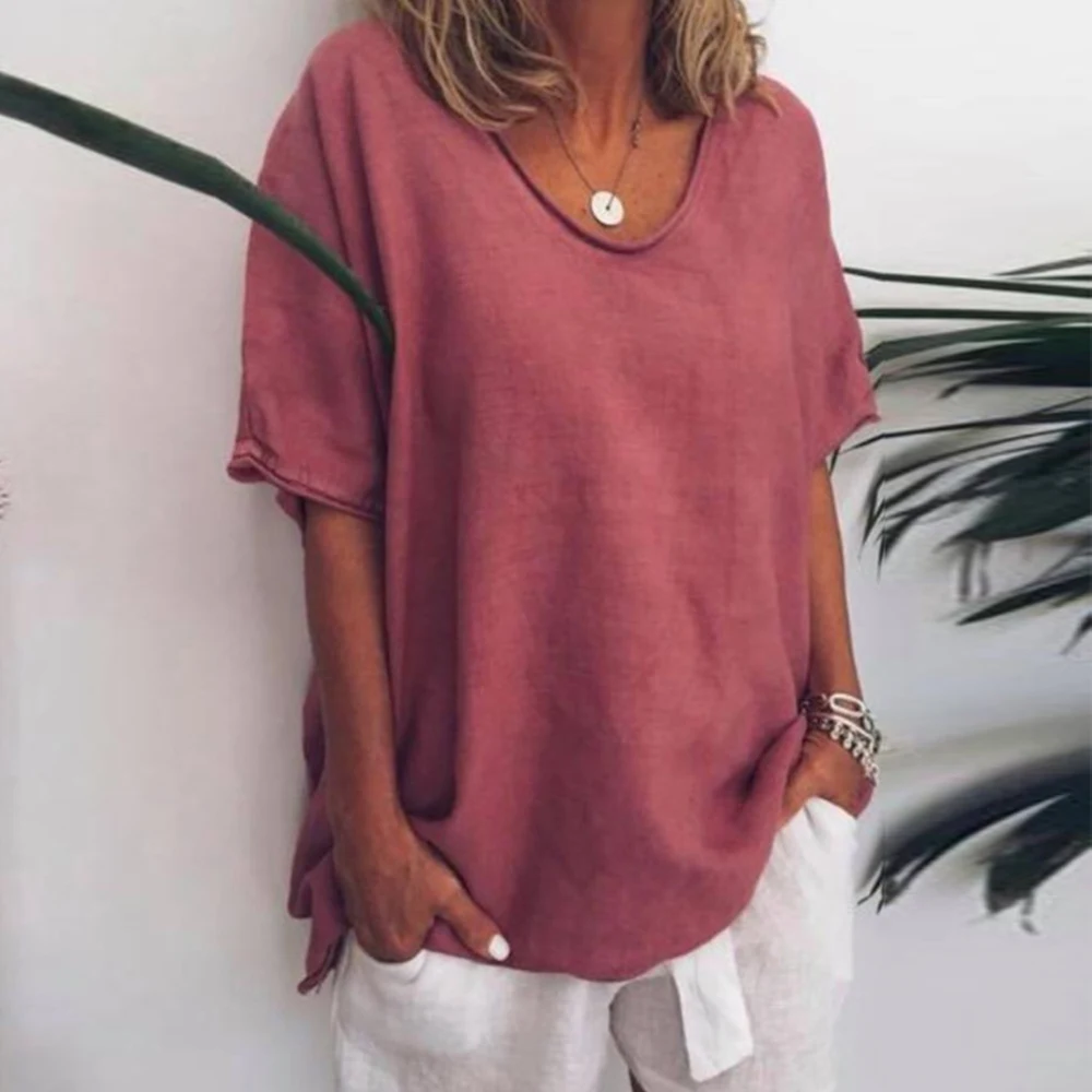 Летняя хлопковая льняная футболка Повседневная Свободная Короткая свободная
