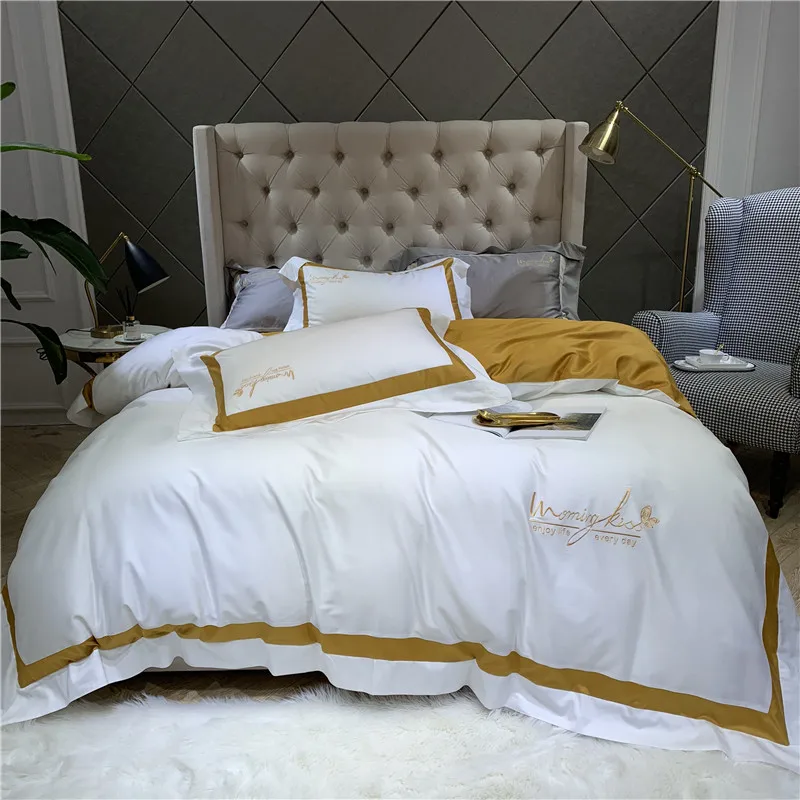 New 60S egyptian Cotton Bedlinen Luxury bedclothes Bedcover Silk ribbon Duvet Cover Bedding Set queen king size bed set | Дом и сад