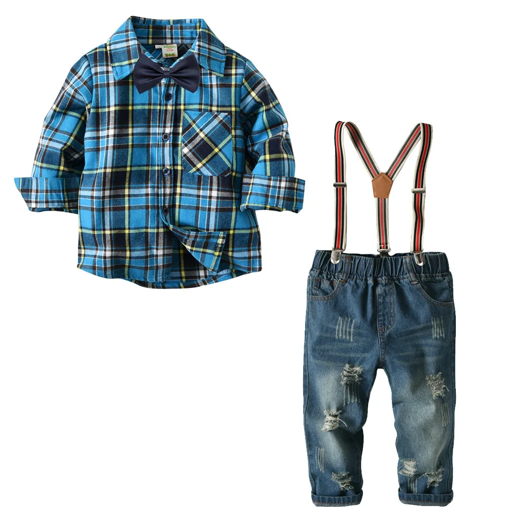 

2019 Spring Children's Clothing Boy Long-sleeved Plaid Shirt+denim Pants Suit Baby Boys Overalls Jeans Two-piece Suit 2-7 Years