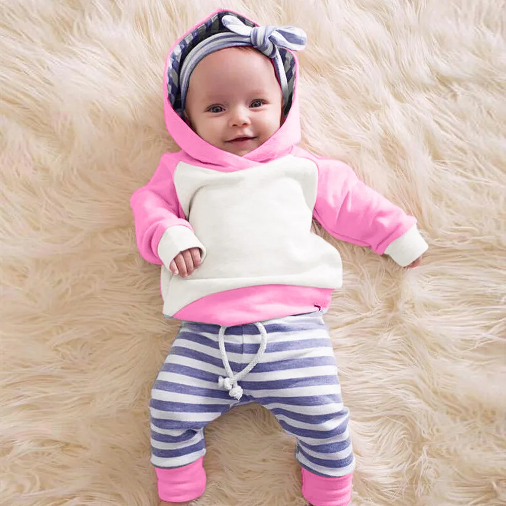 Hot Pink 3 предмета, Одежда для новорожденных девочек лоскутный топ с капюшоном и длинными рукавами+ штаны в полоску+ повязка на голову, комплект для маленьких девочек, одежда для младенцев - Цвет: Hot Pink