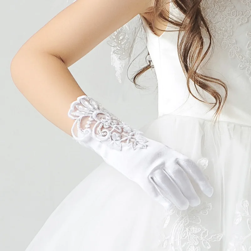 Retail High Quality elengent Flower Girl dress gloves Satin Silk Gloves White Short M/L Size 4-14Yrs free shipping | Детская одежда и
