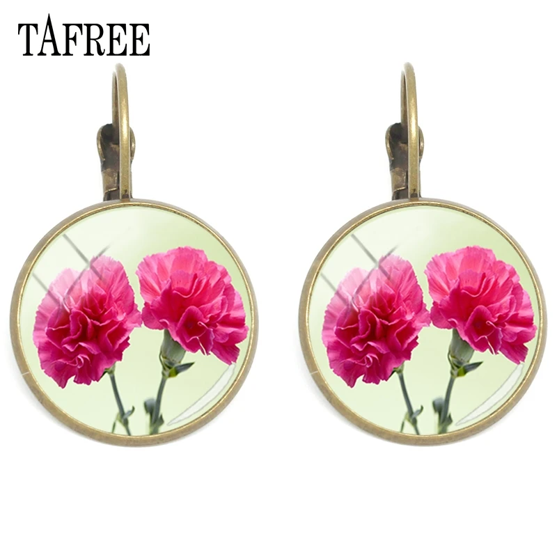 Серьги клипсы TAFREE с изображением красных гвоздиков и цветов стеклянные