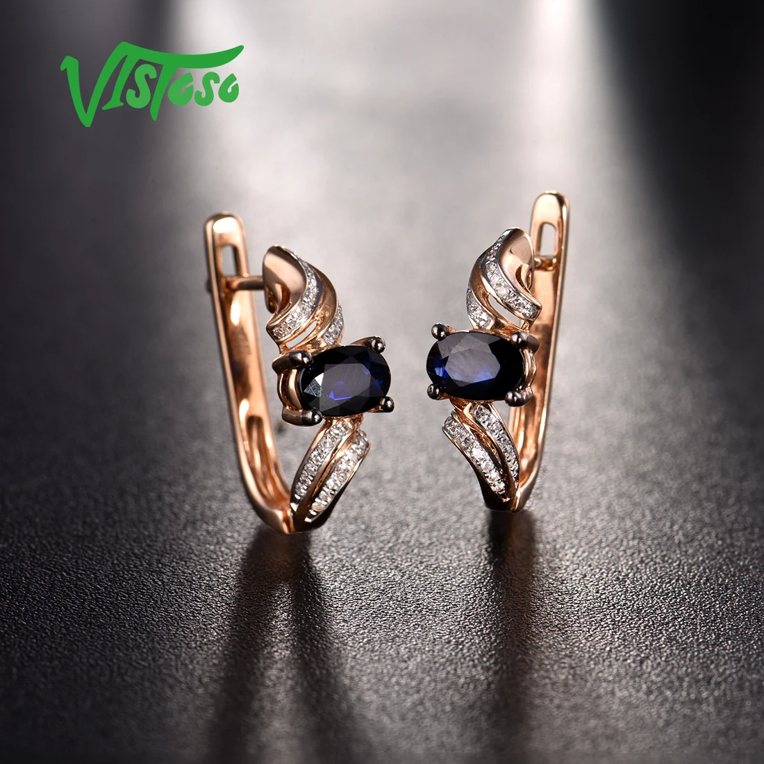 VISTOSO золотые серьги для женщин, Настоящее 14 к 585 розовое золото, сверкающий синий сапфир, бриллиант, изысканное ювелирное изделие для юбилея