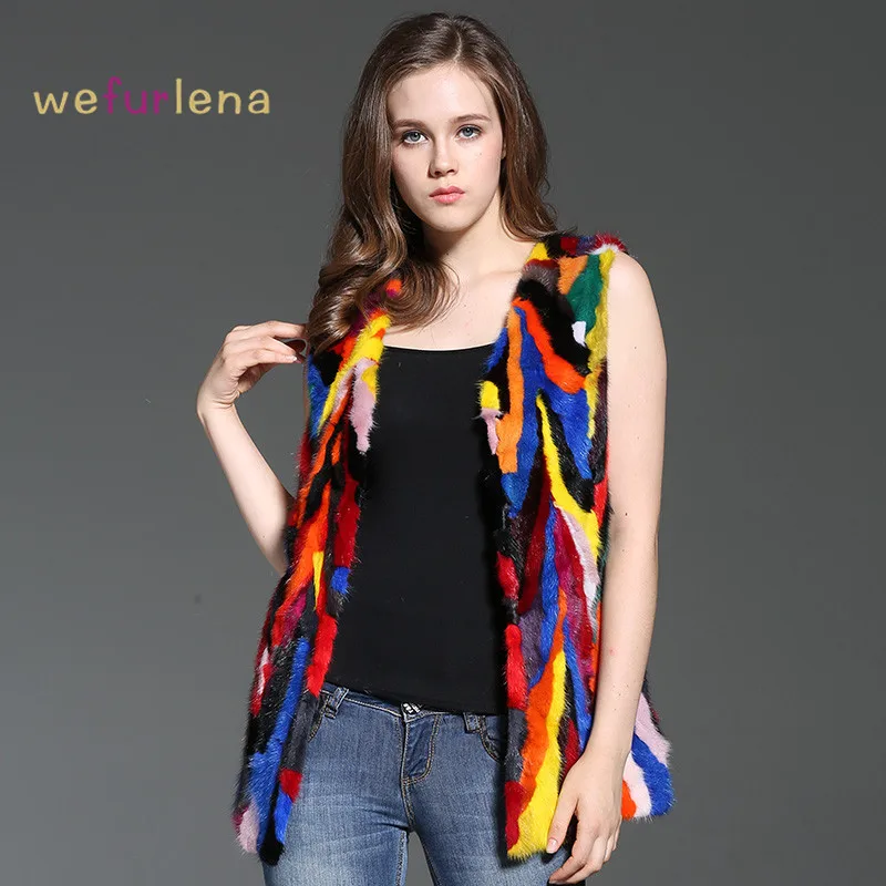 Женский жилет из натурального меха Welfurlena зимний яркий средней длины с