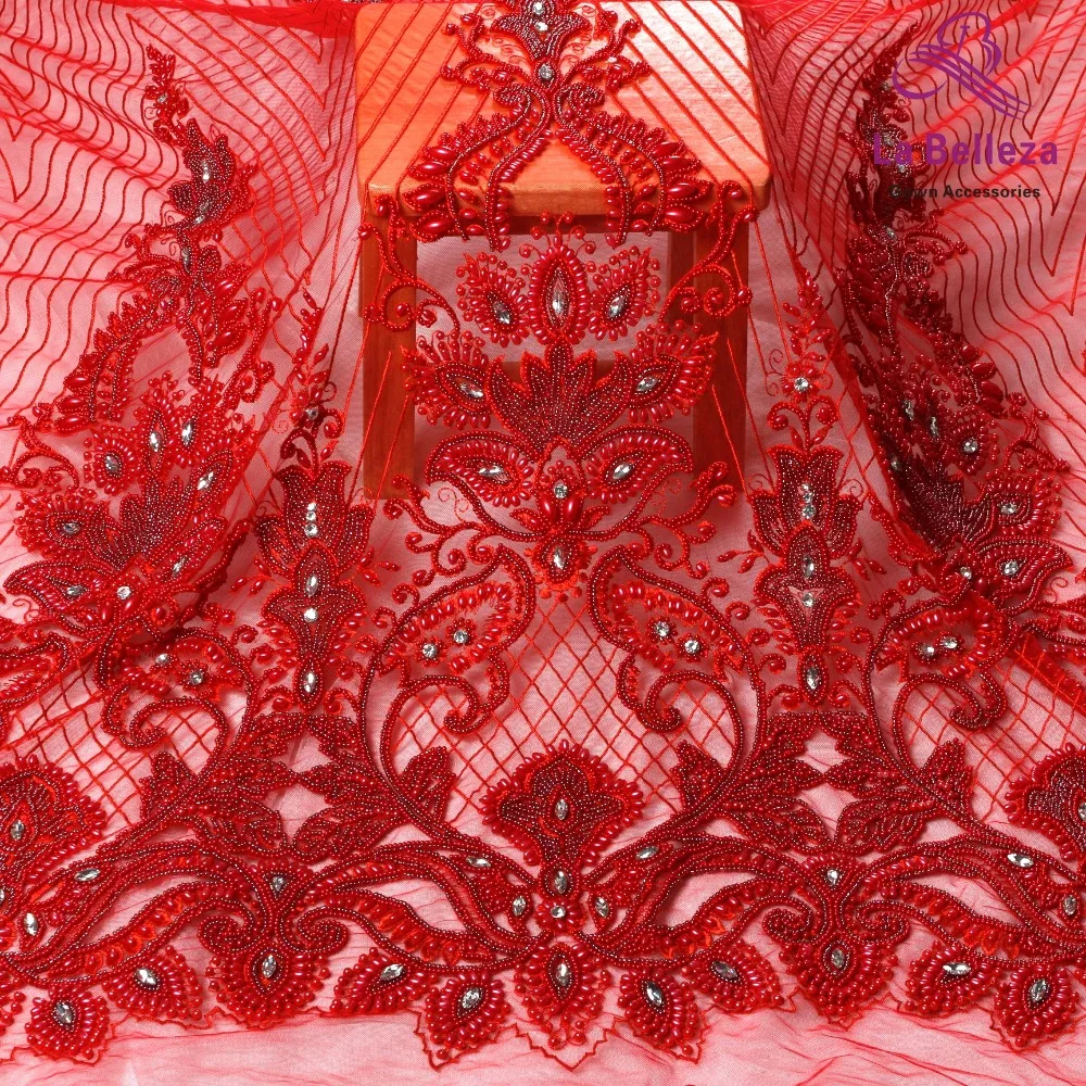 La Belleza 1 ярд Тяжелая ручная работа Бисером кружевная ткань кристалл кружева цвета слоновой кости/золото/темно-синий/красный свадебное платье кружевная ткань 49 ''ширина
