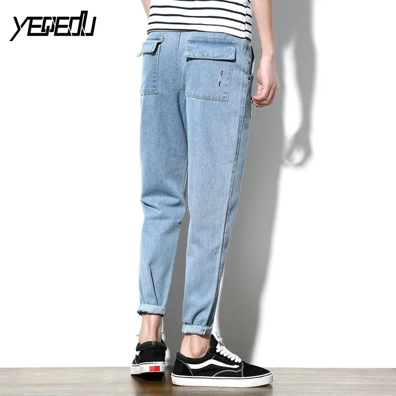 #4712 мульти-карманы джинсы-шаровары Мужская мода синий denim Jogger джинсы Большие