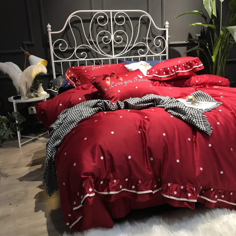 Red with white spots egyptian cotton luxury Bedding Set queen king size bed set Bedsheets linen Europe embroidery Duvet cover | Дом и сад