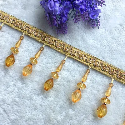 Golden YY-tesco 1 ярдов 9 см Широкий акриловый кристалл занавес кружевная Бахрома Кисточкой отделка DIY одежда юбка домашние текстильные украшения кружева ленты - Цвет: Golden